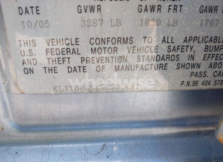 Photo 9 of 2006 Chevrolet Aveo LS (VIN KL1TD666X6B567451)