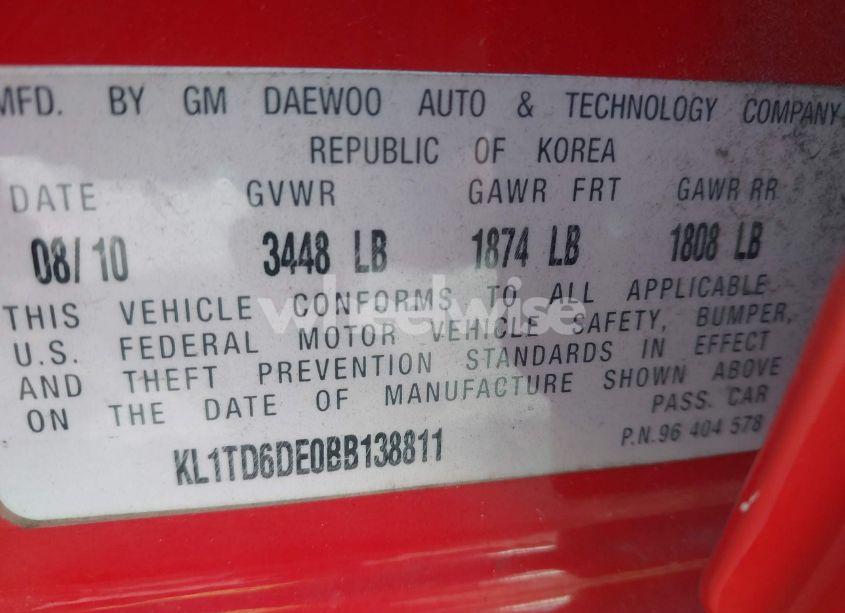 Photo 9 of 2011 Chevrolet Aveo 1LT (VIN KL1TD6DE0BB138811)