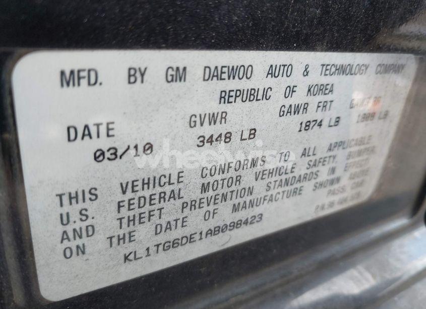 Photo 9 of 2010 Chevrolet Aveo LT (VIN KL1TG6DE1AB098423)