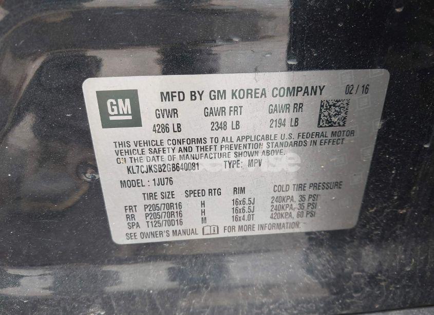 Photo 9 of 2016 Chevrolet Trax 1LS (VIN KL7CJKSB2GB640081)