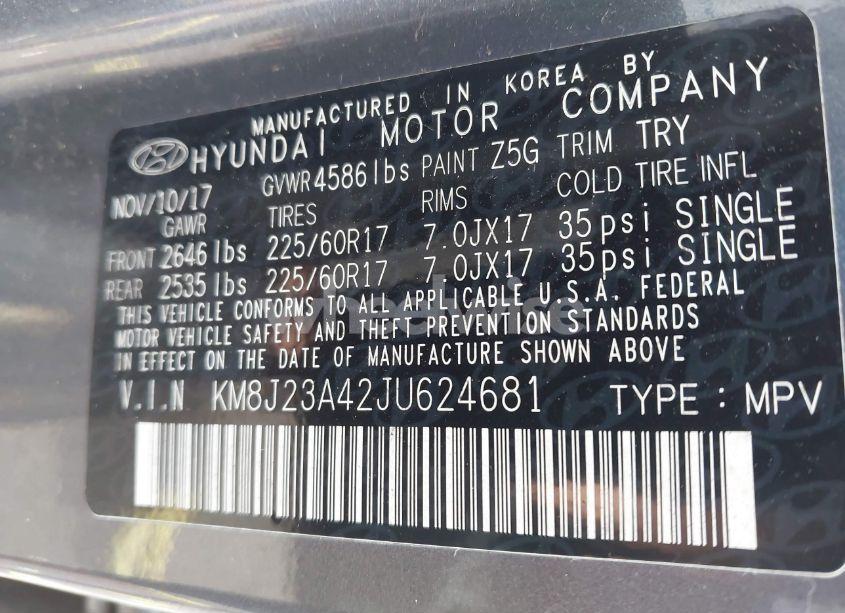 Photo 9 of 2018 Hyundai Tucson SE (VIN KM8J23A42JU624681)