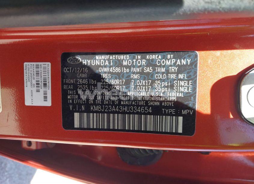 Photo 9 of 2017 Hyundai Tucson SE (VIN KM8J23A43HU334654)