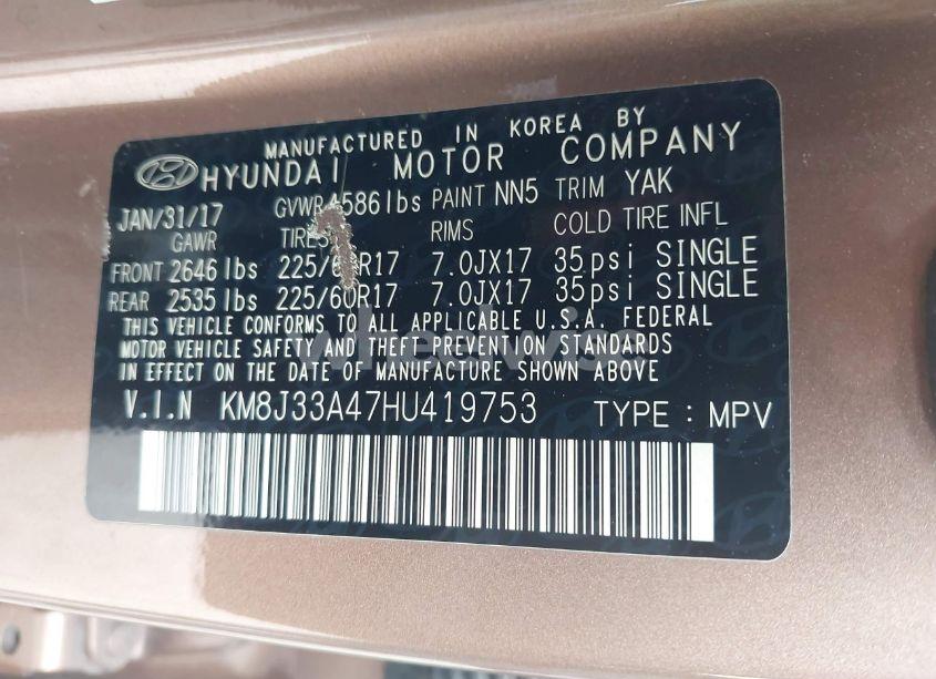 Photo 9 of 2017 Hyundai Tucson SE (VIN KM8J33A47HU419753)