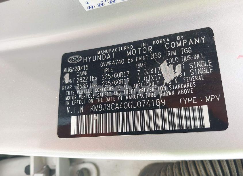Photo 9 of 2016 Hyundai Tucson SE (VIN KM8J3CA40GU074189)