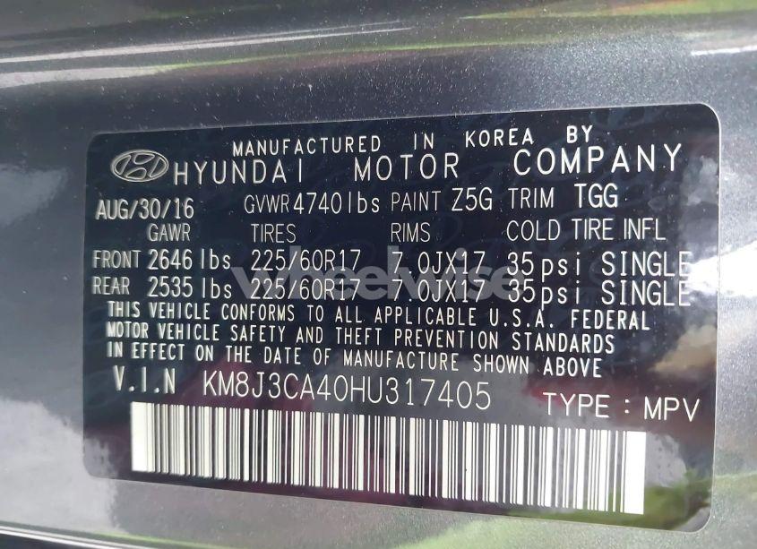 Photo 9 of 2017 Hyundai Tucson SE (VIN KM8J3CA40HU317405)