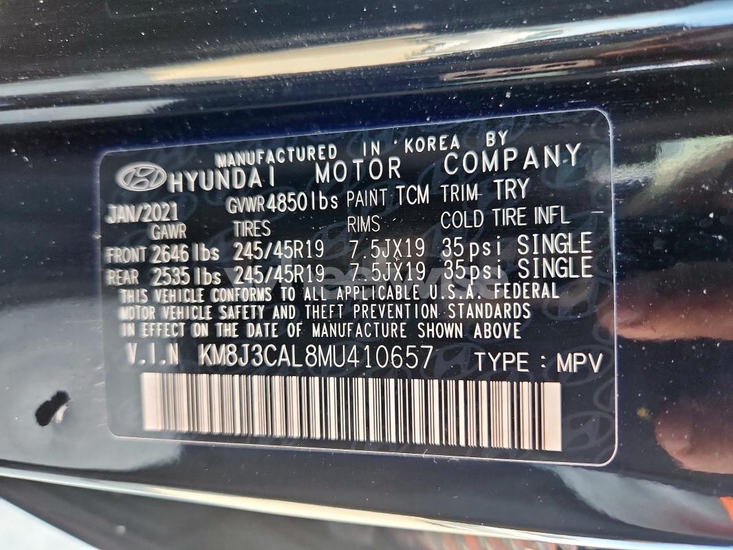 Photo 2 of 2021 HYUNDAI TUCSON LIMITED N/A (VIN KM8J3CAL8MU410657)