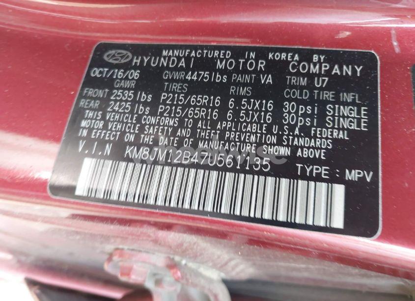 Photo 9 of 2007 Hyundai Tucson GLS (VIN KM8JM12B47U561135)