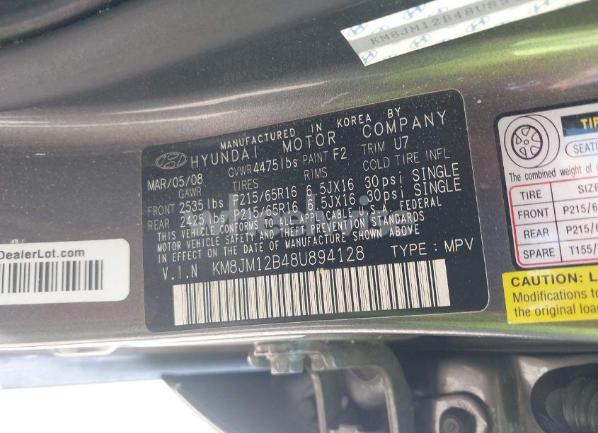 Photo 9 of 2008 Hyundai Tucson GLS (VIN KM8JM12B48U894128)