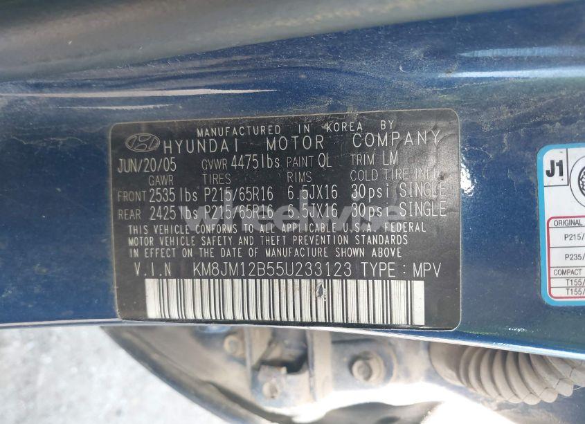 Photo 9 of 2005 Hyundai Tucson GL (VIN KM8JM12B55U233123)