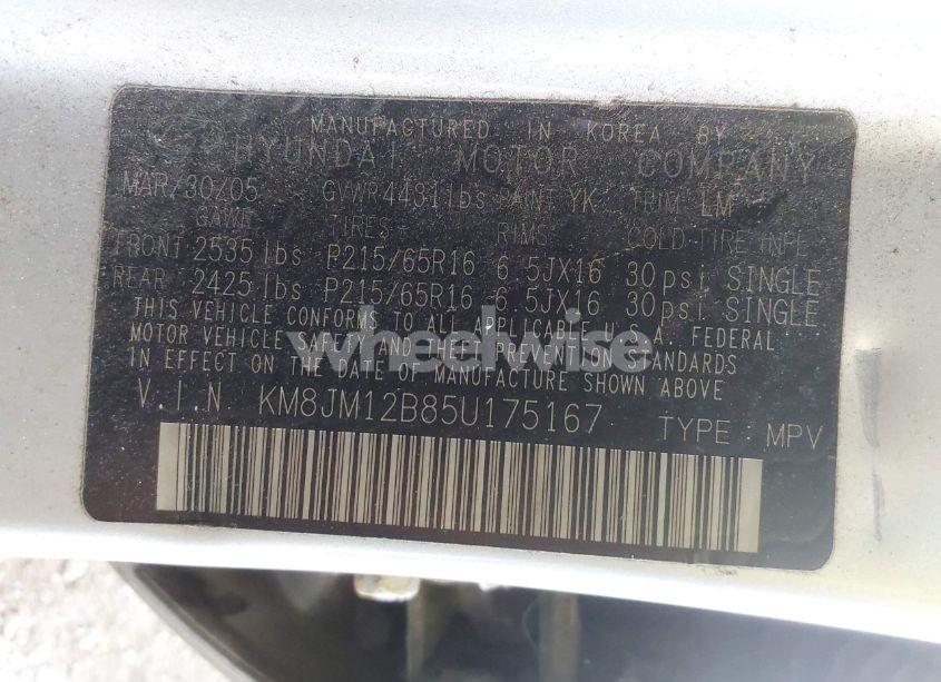 Photo 9 of 2005 Hyundai Tucson GL (VIN KM8JM12B85U175167)