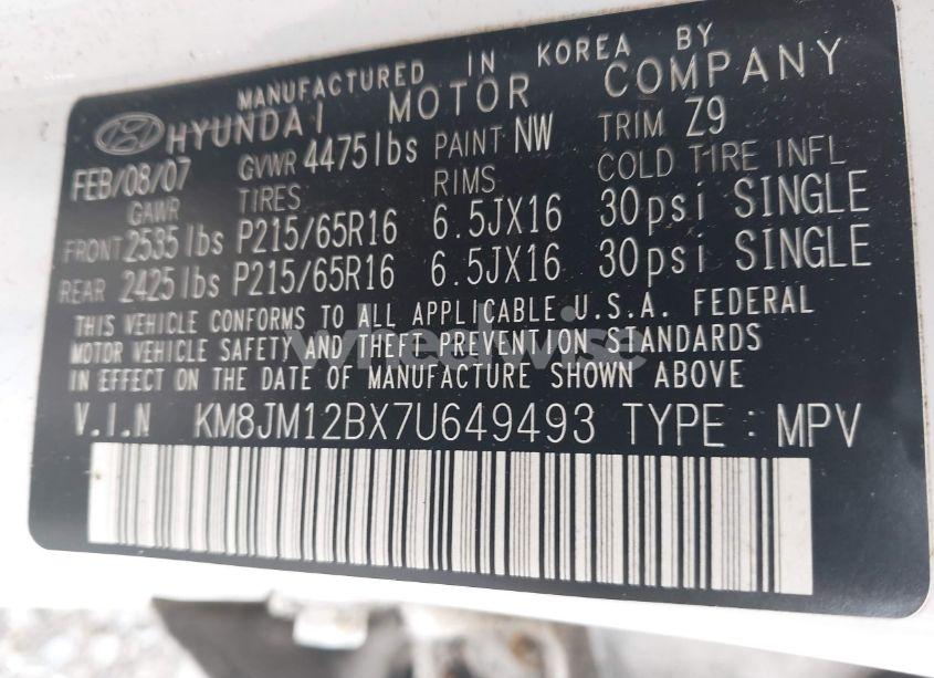 Photo 9 of 2007 Hyundai Tucson GLS (VIN KM8JM12BX7U649493)