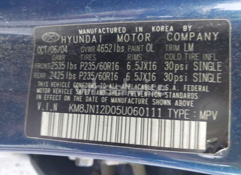 Photo 9 of 2005 Hyundai Tucson GLS/LX (VIN KM8JN12D05U060111)