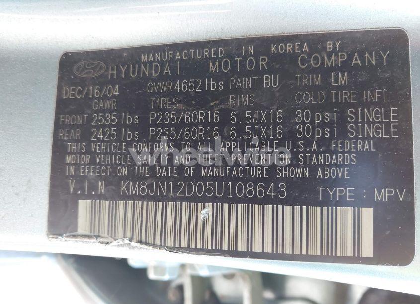 Photo 9 of 2005 Hyundai Tucson GLS/LX (VIN KM8JN12D05U108643)
