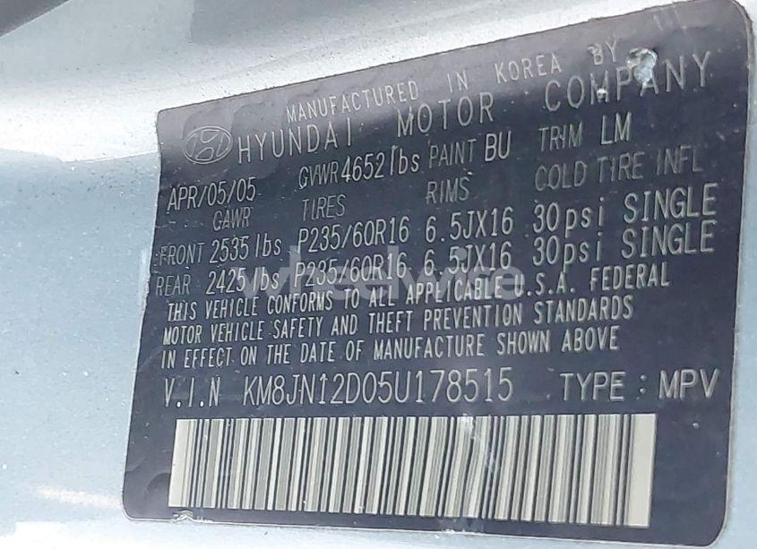 Photo 9 of 2005 Hyundai Tucson GLS/LX (VIN KM8JN12D05U178515)