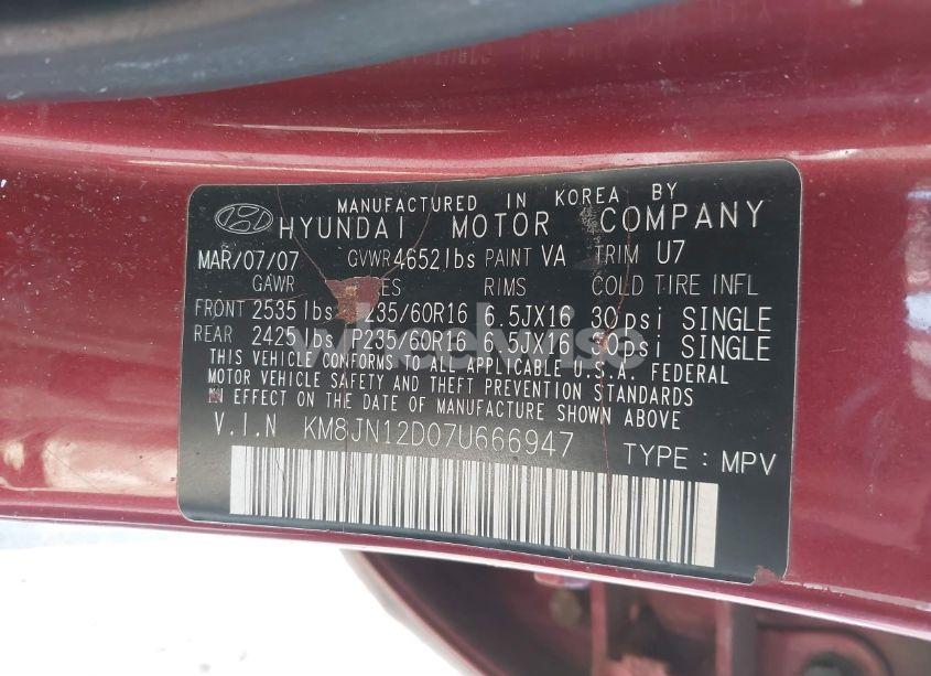 Photo 9 of 2007 Hyundai Tucson LIMITED/SE (VIN KM8JN12D07U666947)