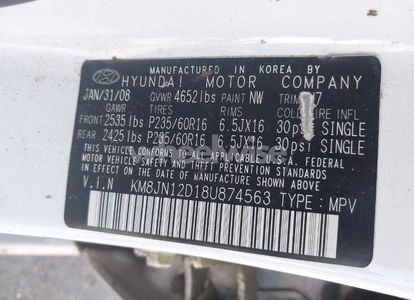 Photo 9 of 2008 Hyundai Tucson LIMITED V6/SE (VIN KM8JN12D18U874563)