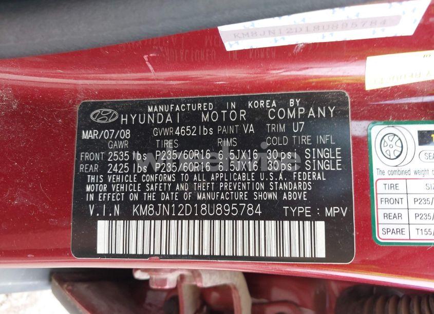 Photo 9 of 2008 Hyundai Tucson LIMITED V6/SE (VIN KM8JN12D18U895784)