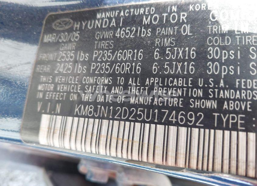 Photo 9 of 2005 Hyundai Tucson GLS/LX (VIN KM8JN12D25U174692)