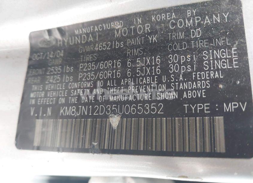 Photo 9 of 2005 Hyundai Tucson GLS/LX (VIN KM8JN12D35U065352)