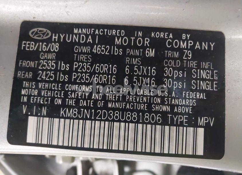 Photo 8 of 2008 Hyundai Tucson LIMITED V6/SE (VIN KM8JN12D38U881806)