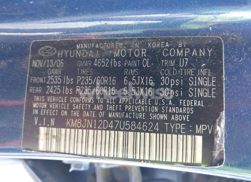 Photo 9 of 2007 Hyundai Tucson LIMITED/SE (VIN KM8JN12D47U584624)