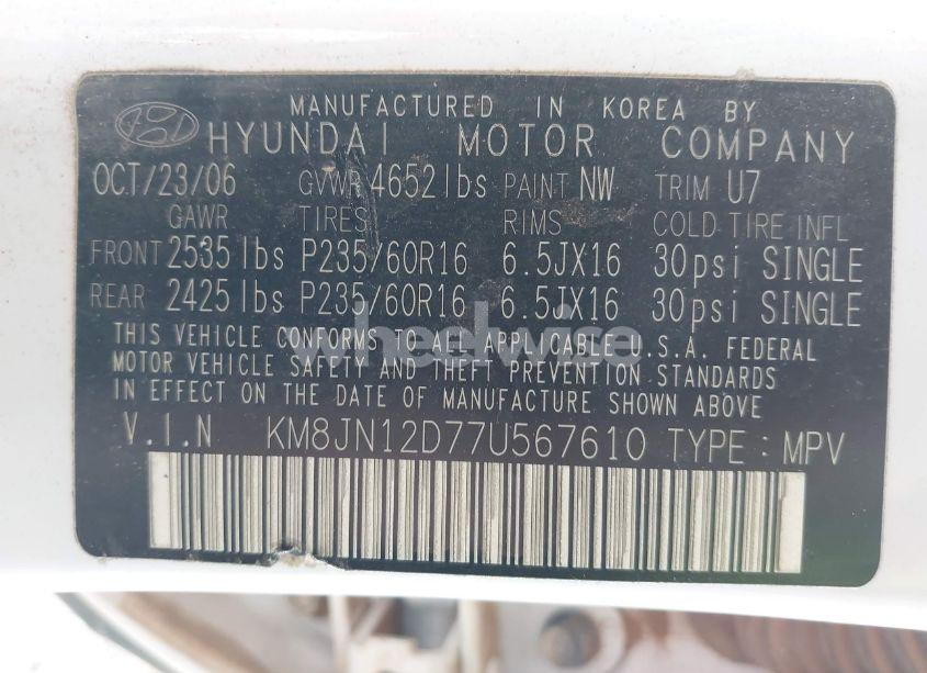 Photo 9 of 2007 Hyundai Tucson LIMITED/SE (VIN KM8JN12D77U567610)