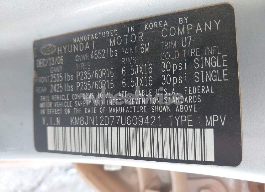 Photo 9 of 2007 Hyundai Tucson LIMITED/SE (VIN KM8JN12D77U609421)