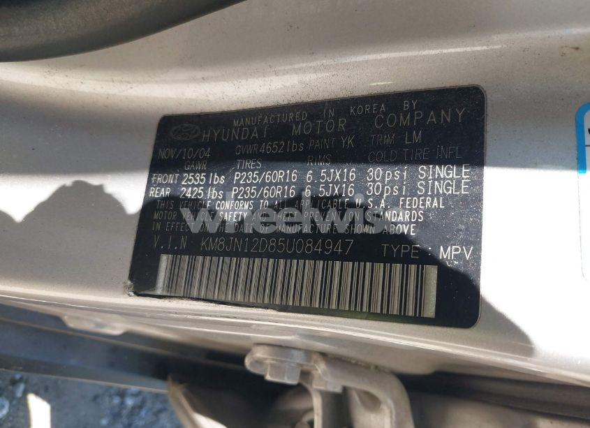 Photo 9 of 2005 Hyundai Tucson GLS/LX (VIN KM8JN12D85U084947)