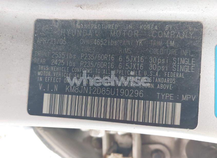 Photo 9 of 2005 Hyundai Tucson GLS/LX (VIN KM8JN12D85U190296)