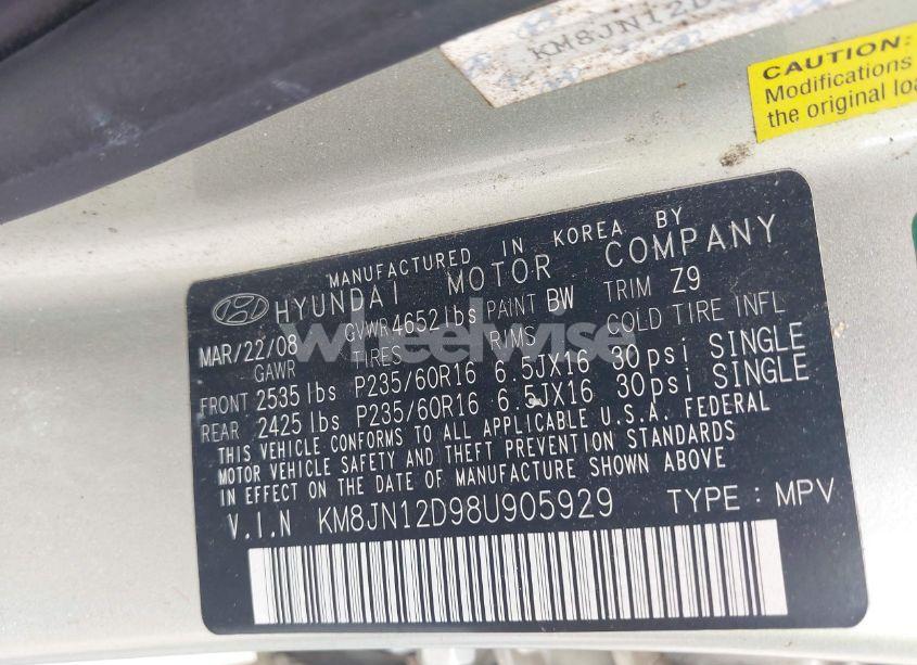 Photo 9 of 2008 Hyundai Tucson LIMITED V6/SE (VIN KM8JN12D98U905929)