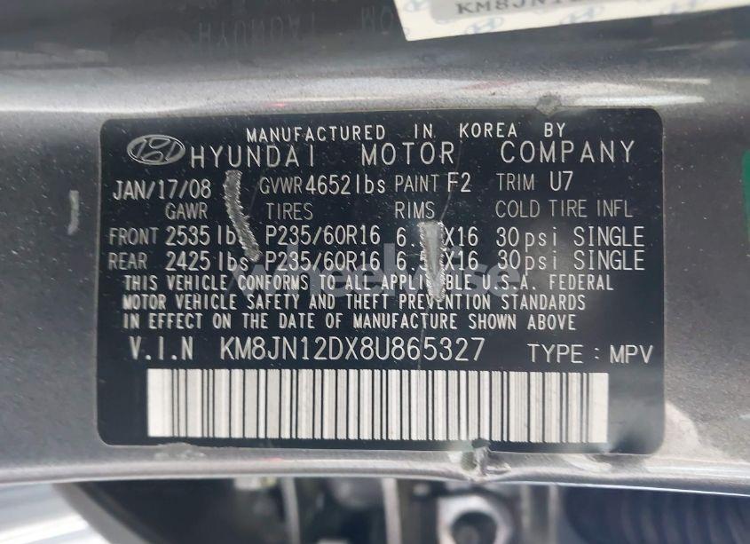 Photo 9 of 2008 Hyundai Tucson LIMITED V6/SE (VIN KM8JN12DX8U865327)