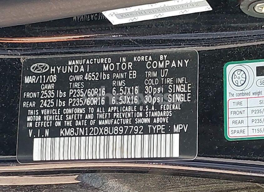 Photo 9 of 2008 Hyundai Tucson LIMITED V6/SE (VIN KM8JN12DX8U897792)