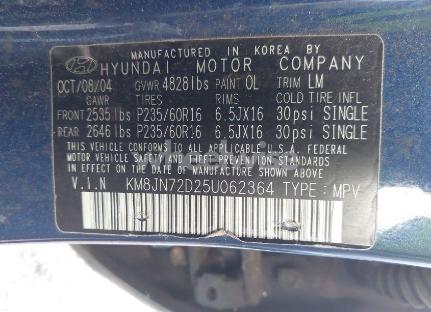 Photo 9 of 2005 Hyundai Tucson GLS/LX (VIN KM8JN72D25U062364)