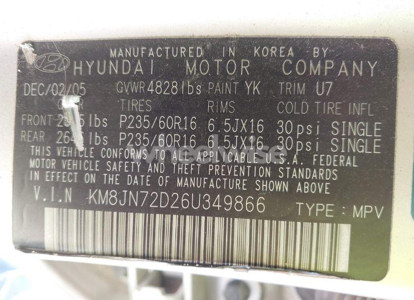 Photo 9 of 2006 Hyundai Tucson GLS/LIMITED (VIN KM8JN72D26U349866)