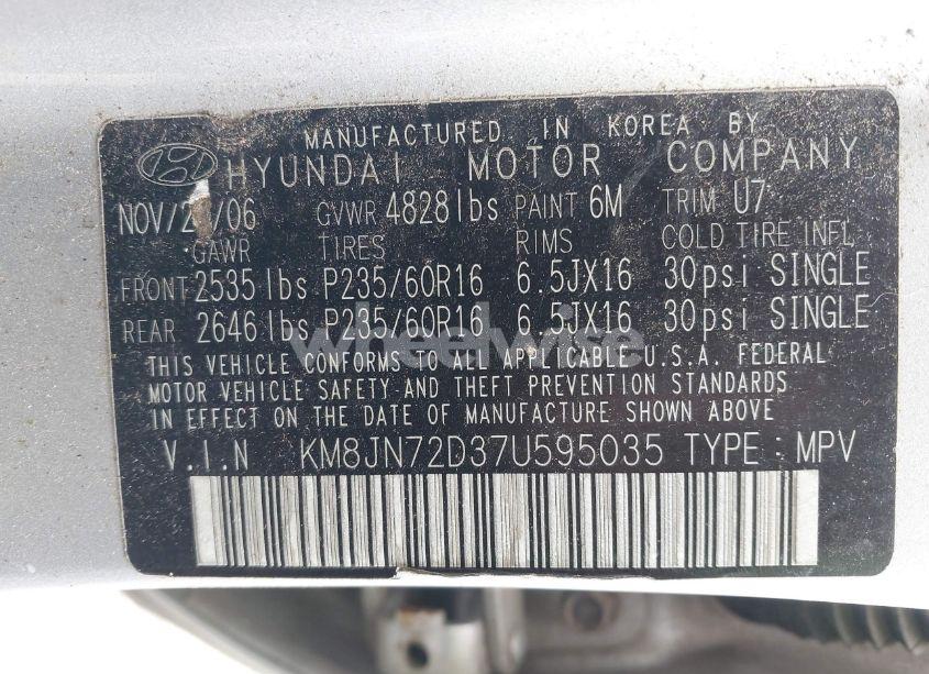 Photo 9 of 2007 Hyundai Tucson LIMITED/SE (VIN KM8JN72D37U595035)