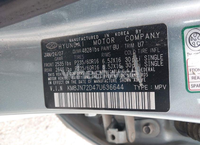 Photo 9 of 2007 Hyundai Tucson LIMITED/SE (VIN KM8JN72D47U636644)