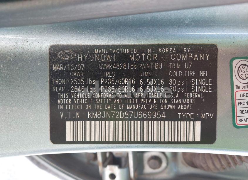 Photo 9 of 2007 Hyundai Tucson LIMITED/SE (VIN KM8JN72D87U669954)