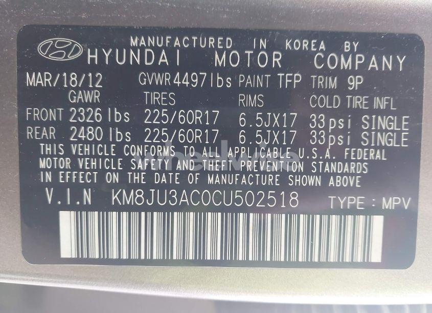 Photo 9 of 2012 Hyundai Tucson GLS (VIN KM8JU3AC0CU502518)