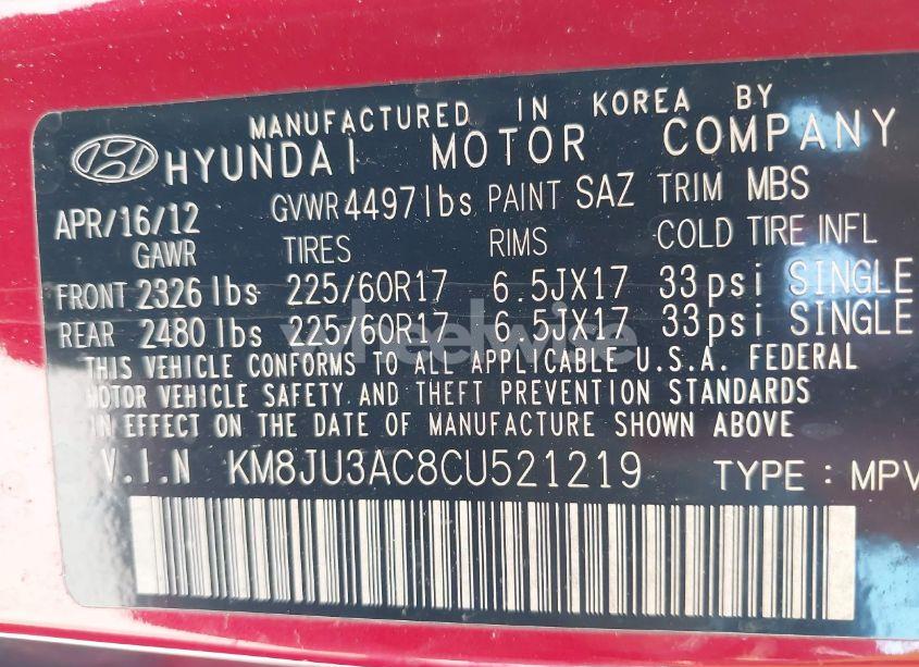 Photo 9 of 2012 Hyundai Tucson GLS (VIN KM8JU3AC8CU521219)