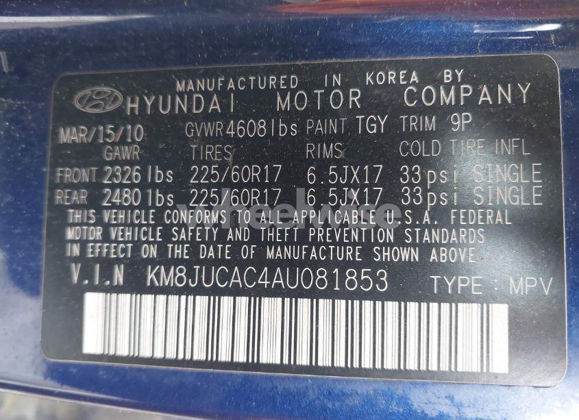 Photo 9 of 2010 Hyundai Tucson GLS (VIN KM8JUCAC4AU081853)