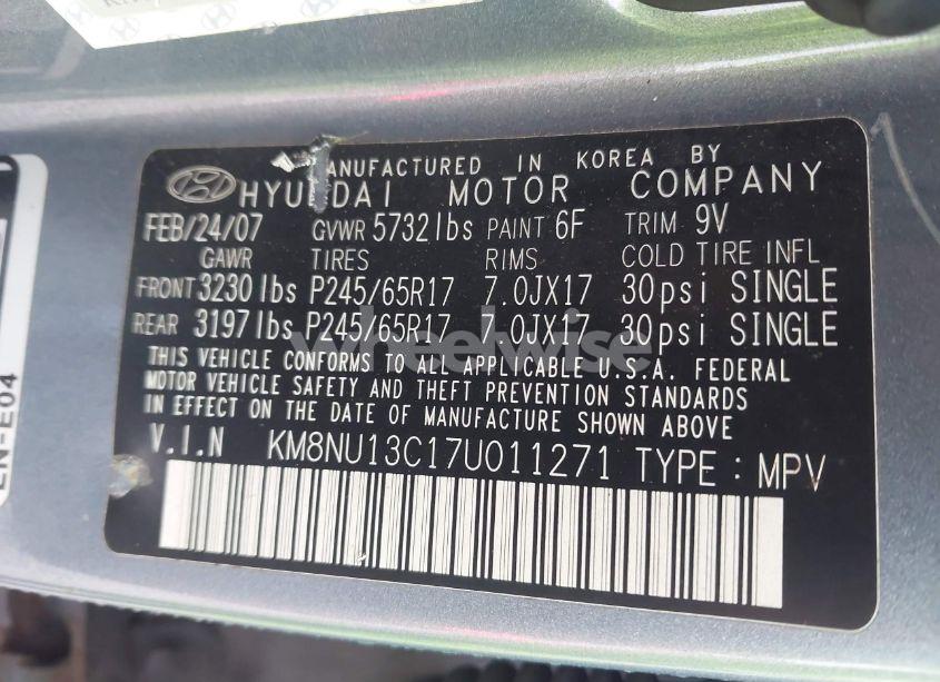 Photo 9 of 2007 Hyundai Veracruz GLS/LIMITED/SE (VIN KM8NU13C17U011271)