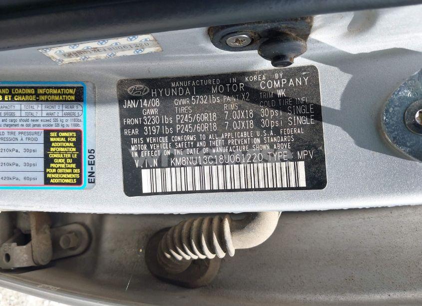 Photo 9 of 2008 Hyundai Veracruz GLS/LIMITED/SE (VIN KM8NU13C18U061220)