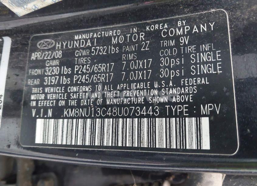 Photo 9 of 2008 Hyundai Veracruz GLS/LIMITED/SE (VIN KM8NU13C48U073443)