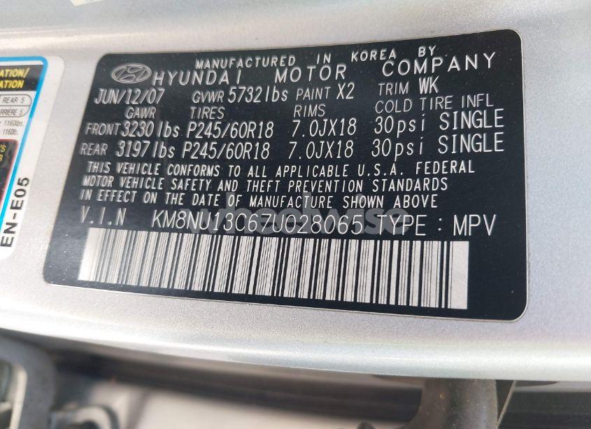Photo 9 of 2007 Hyundai Veracruz GLS/LIMITED/SE (VIN KM8NU13C67U028065)