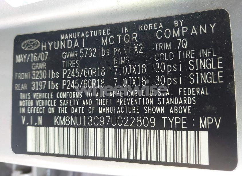 Photo 9 of 2007 Hyundai Veracruz GLS/LIMITED/SE (VIN KM8NU13C97U022809)