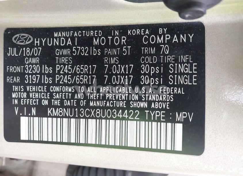 Photo 9 of 2008 Hyundai Veracruz GLS/LIMITED/SE (VIN KM8NU13CX8U034422)