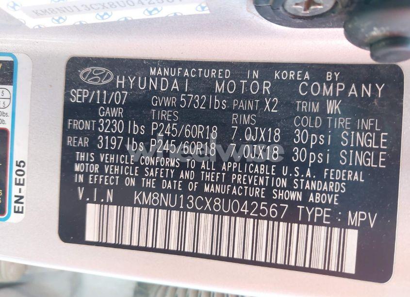 Photo 9 of 2008 Hyundai Veracruz GLS/LIMITED/SE (VIN KM8NU13CX8U042567)