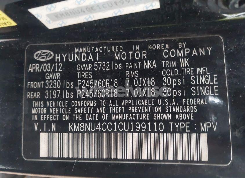 Photo 9 of 2012 Hyundai Veracruz LIMITED (VIN KM8NU4CC1CU199110)