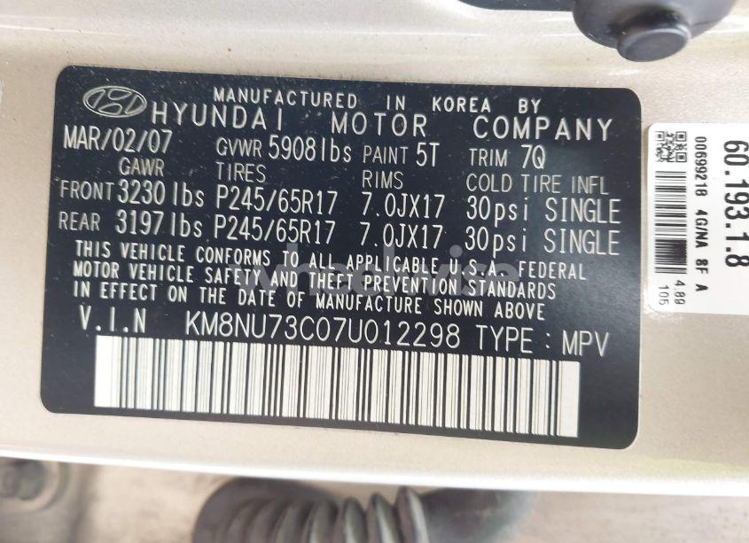 Photo 9 of 2007 Hyundai Veracruz GLS/LIMITED/SE (VIN KM8NU73C07U012298)