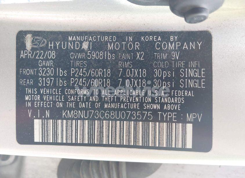 Photo 9 of 2008 Hyundai Veracruz GLS/LIMITED/SE (VIN KM8NU73C68U073575)